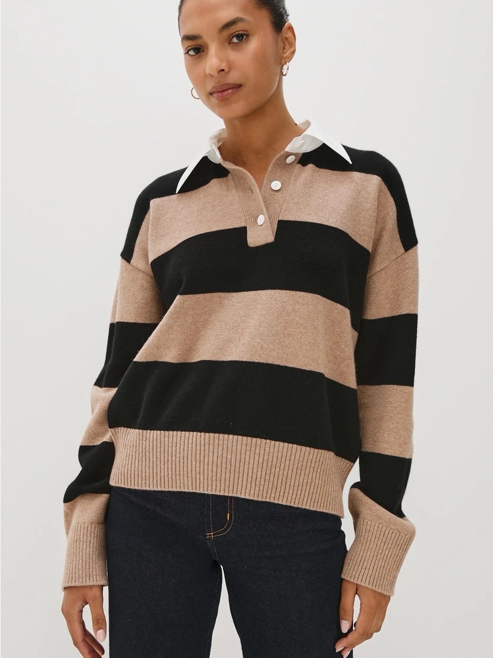 NWT Rails The Paxton Rugby Style Polo Sweater, Oatmeal/Black Striped, Relaxed, M